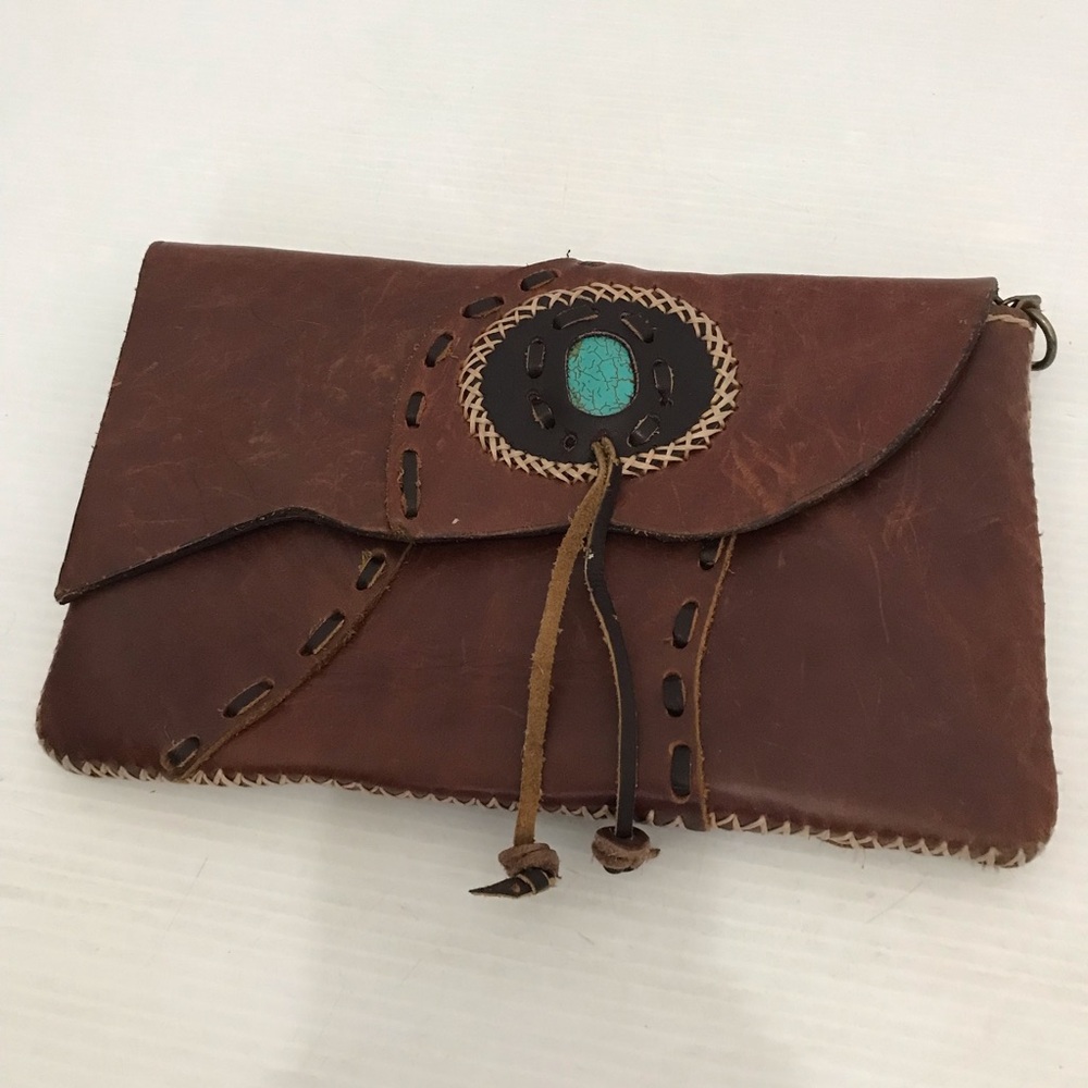 Handcrafted Brown Leather Clutch with Turquoise Accent